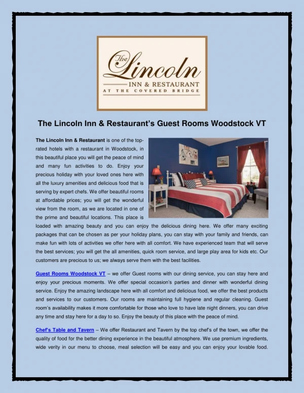 t he lincoln inn restaurant s guest rooms