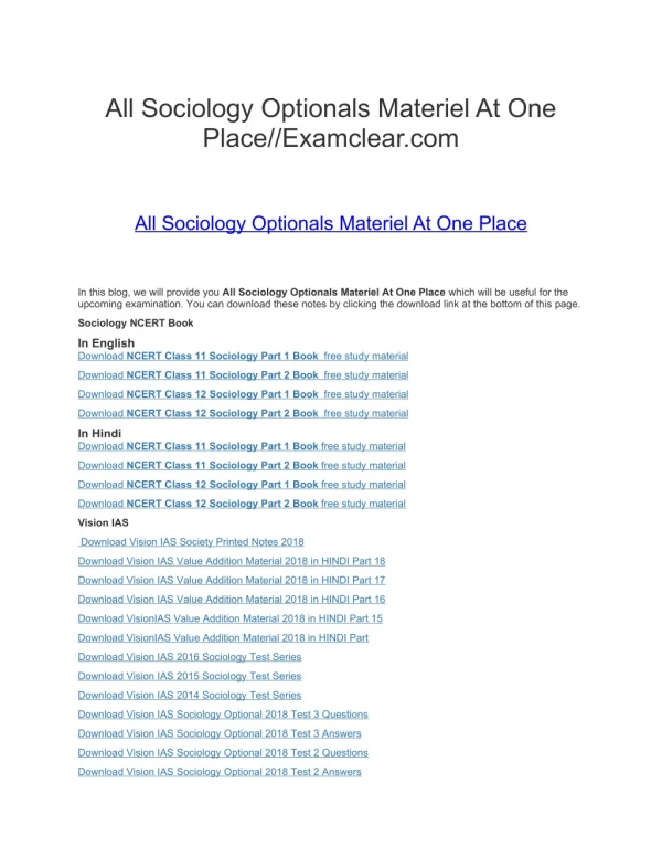 All Sociology Optionals Materiel At One Place//Examclear.com