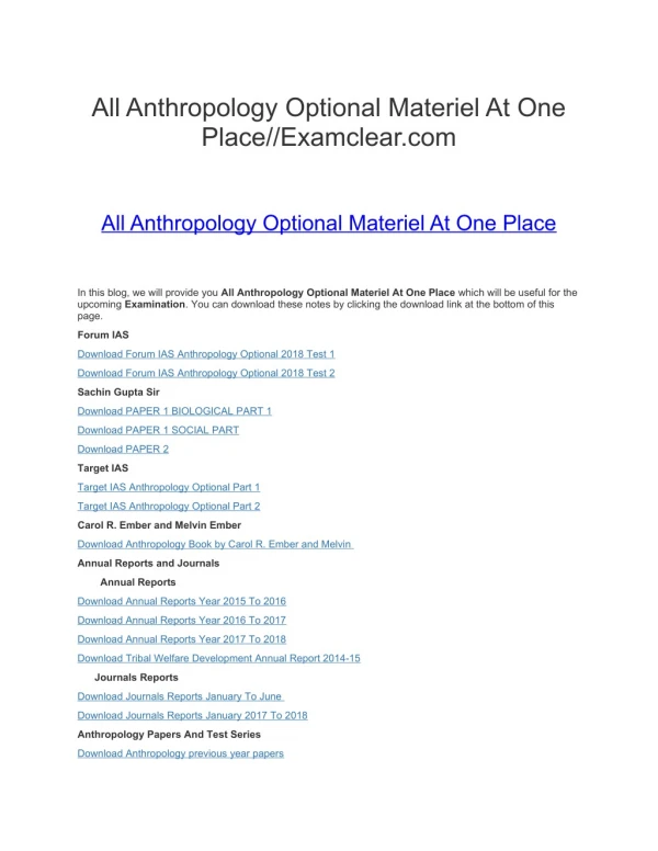 All Anthropology Optional Materiel At One Place//Examclear.com