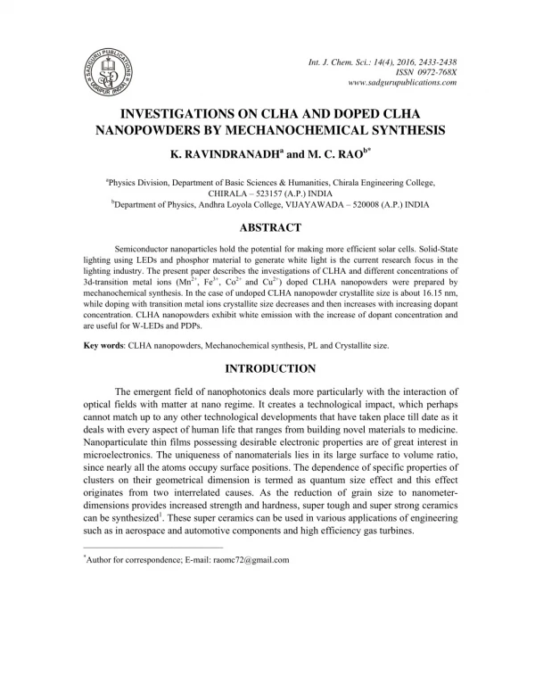 Investigations on Clha and Doped Clha Nanopowders by Mechanochemical Synthesis