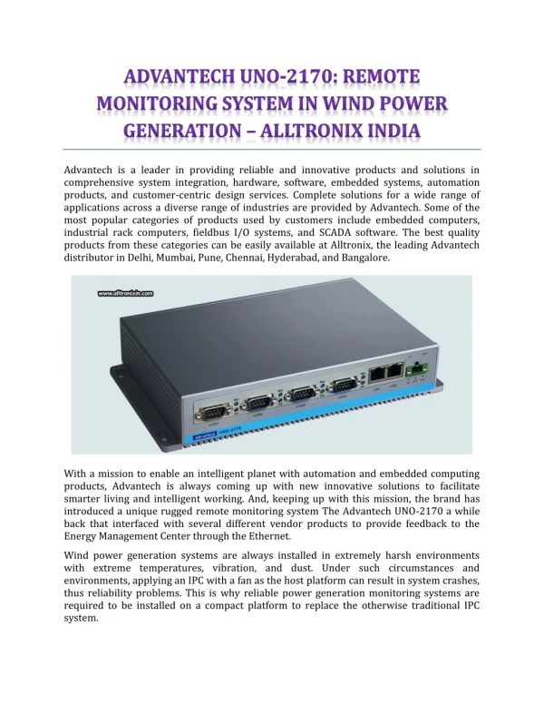 Advantech UNO-2170: Remote Monitoring System In Wind Power Generation - Alltronix India