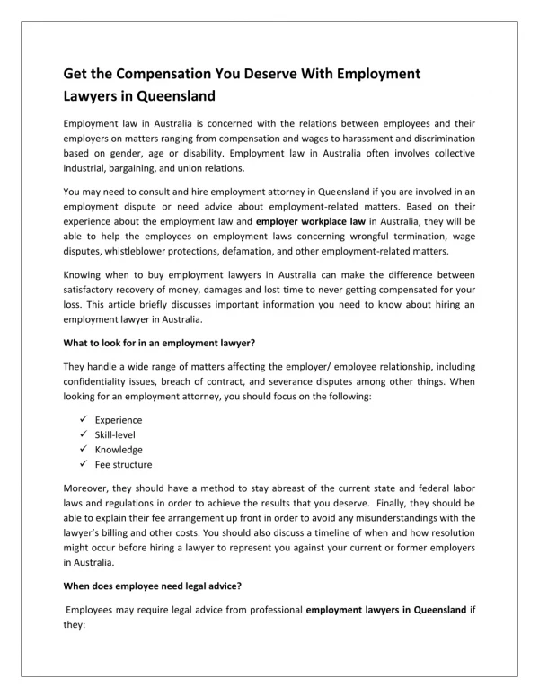Get the Compensation You Deserve With Employment Lawyers in Queensland