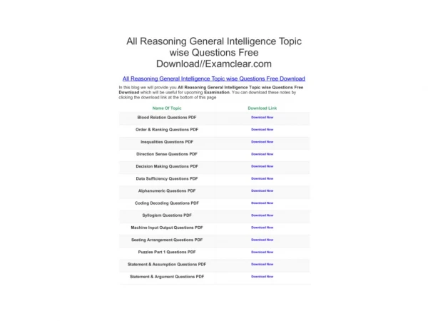 All Reasoning General Intelligence Topic wise Questions Free Download//Examclear.com