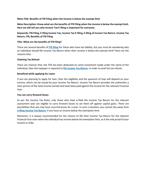 meta title benefits of itr filing when the income