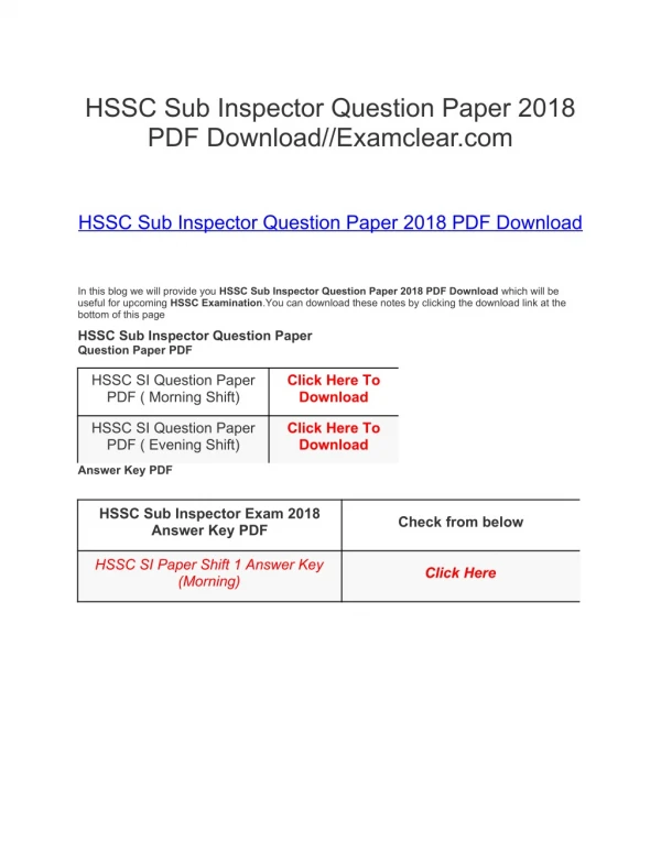 HSSC Sub Inspector Question Paper 2018 PDF Download//Examclear.com