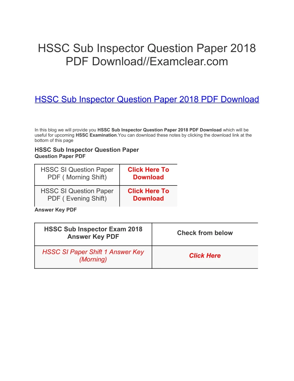 hssc sub inspector question paper 2018