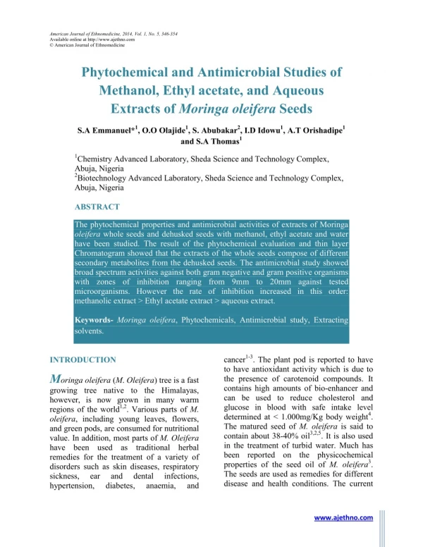 Phytochemical and Antimicrobial Studies of Methanol, Ethyl acetate, and Aqueous Extracts of Moringa oleifera Seeds