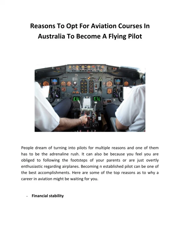 Reasons To Opt For Aviation Courses In Australia To Become A Flying Pilot
