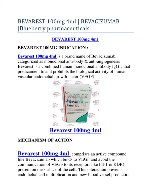 Bevarest 100mg/4ml INJECTION ( Emcure ) - Blueberry pharmaceuticals