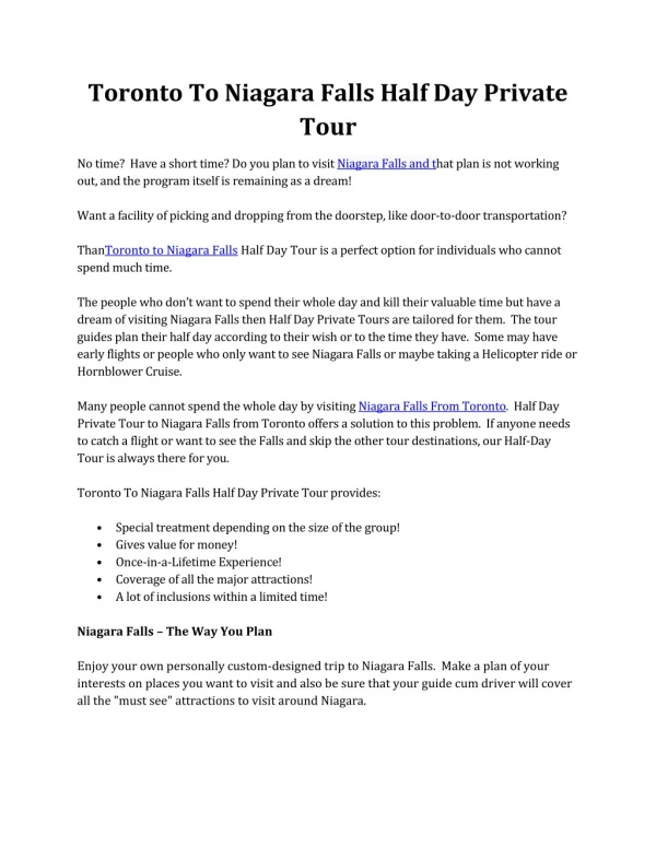 Toronto To Niagara Falls Half Day Private Tour