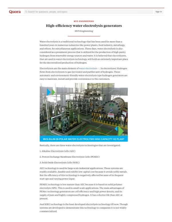 High-efficiency water electrolysis generators