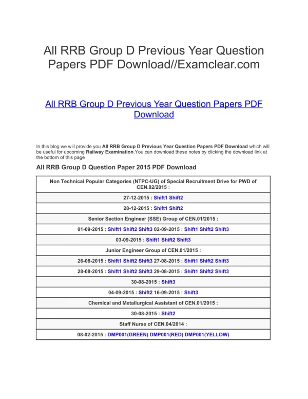 All RRB Group D Previous Year Question Papers PDF Download//Examclear.com