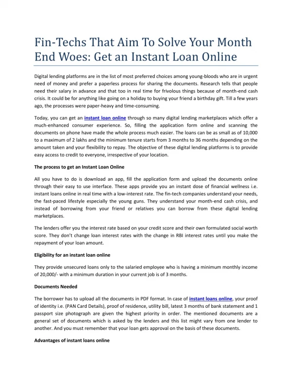 Fin-Techs That Aim To Solve Your Month End Woes: Get an Instant Loan Online