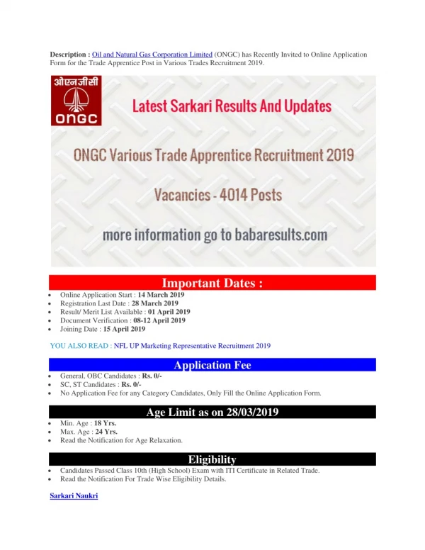 ONGC Various Trade Apprentice Recruitment 2019