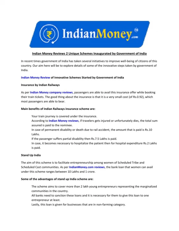 Indian Money Reviews 2 Unique Schemes Inaugurated by Government of India
