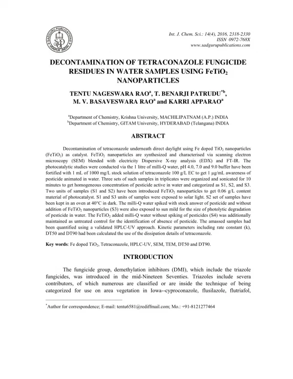 Decontamination of Tetraconazole Fungicide Residues in Water Samples Using Fetio2 Nanoparticles