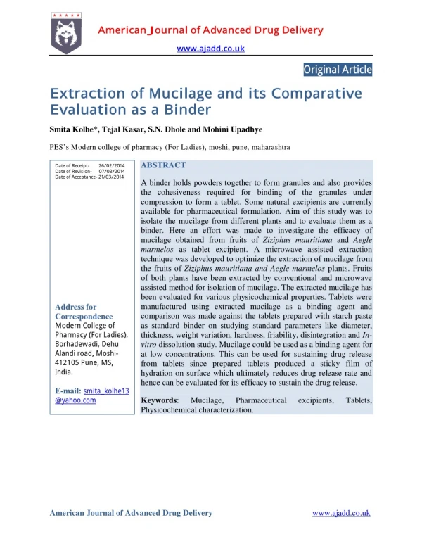 Extraction of Mucilage and its Comparative Evaluation as a Binder