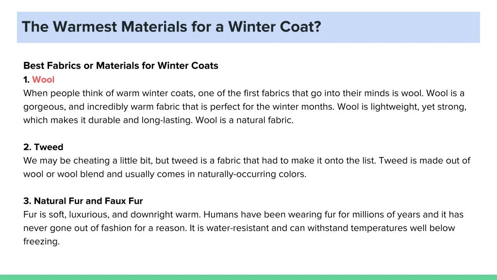 the warmest materials for a winter coat