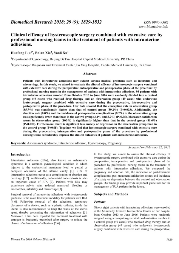 Clinical efficacy of hysteroscopic surgery combined with extensive care by professional nursing teams in the treatment o