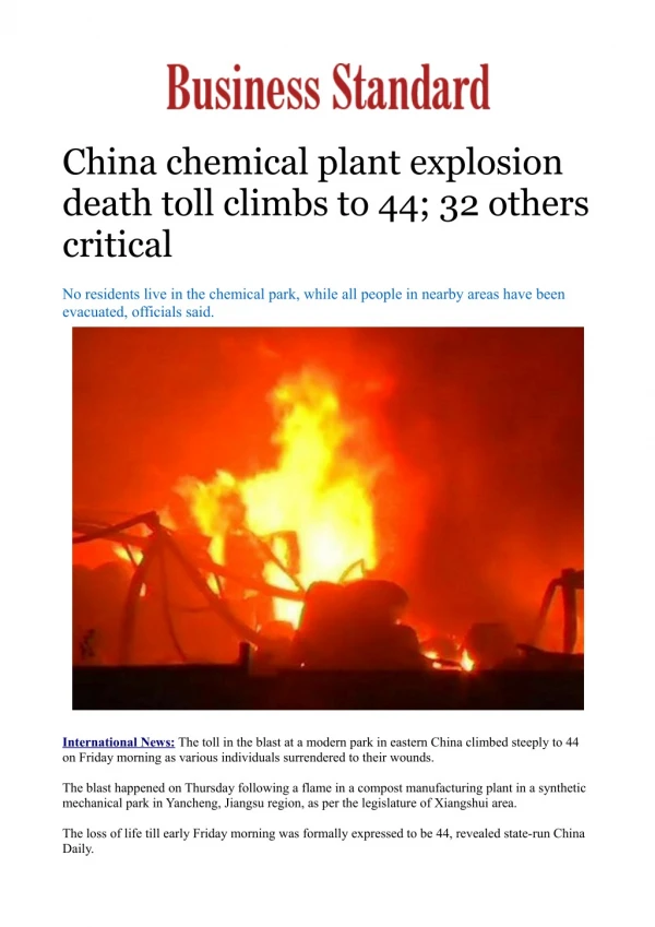 China chemical plant explosion death toll climbs to 44; 32 others critical