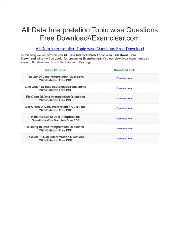 All Data Interpretation Topic wise Questions Free Download//Examclear.com
