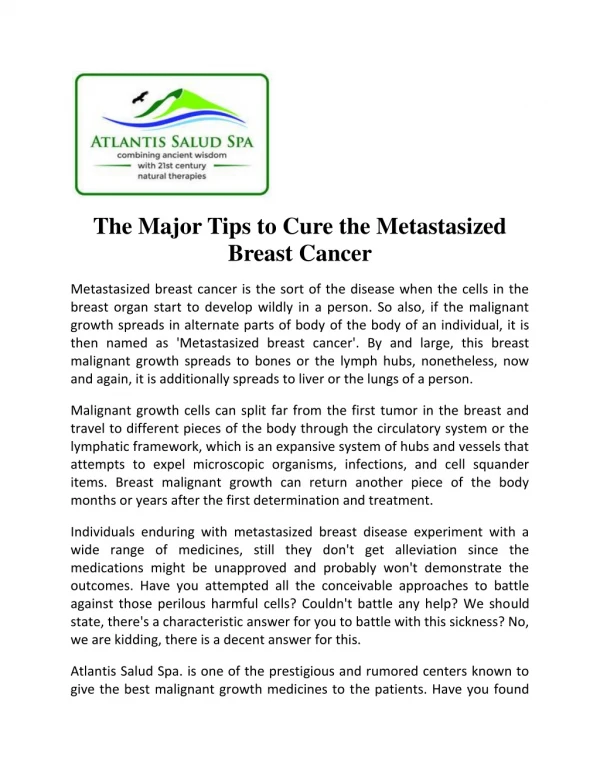 The Major Tips to Cure the Metastasized Breast Cancer