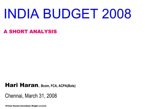 INDIA BUDGET 2008 A SHORT ANALYSIS