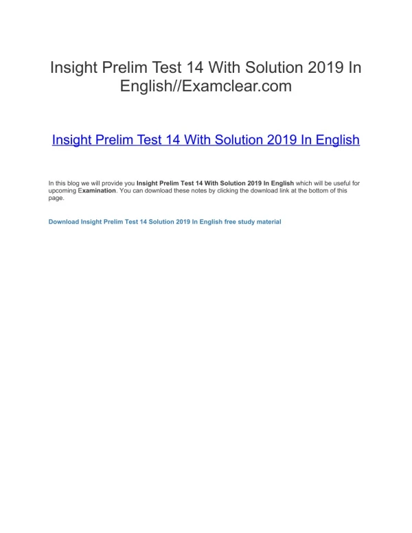 Insight Prelim Test 14 With Solution 2019 In English//Examclear.com