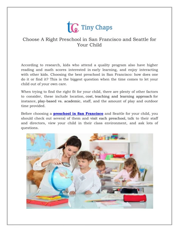 Choose A Right Preschool in San Francisco and Seattle for Your Child