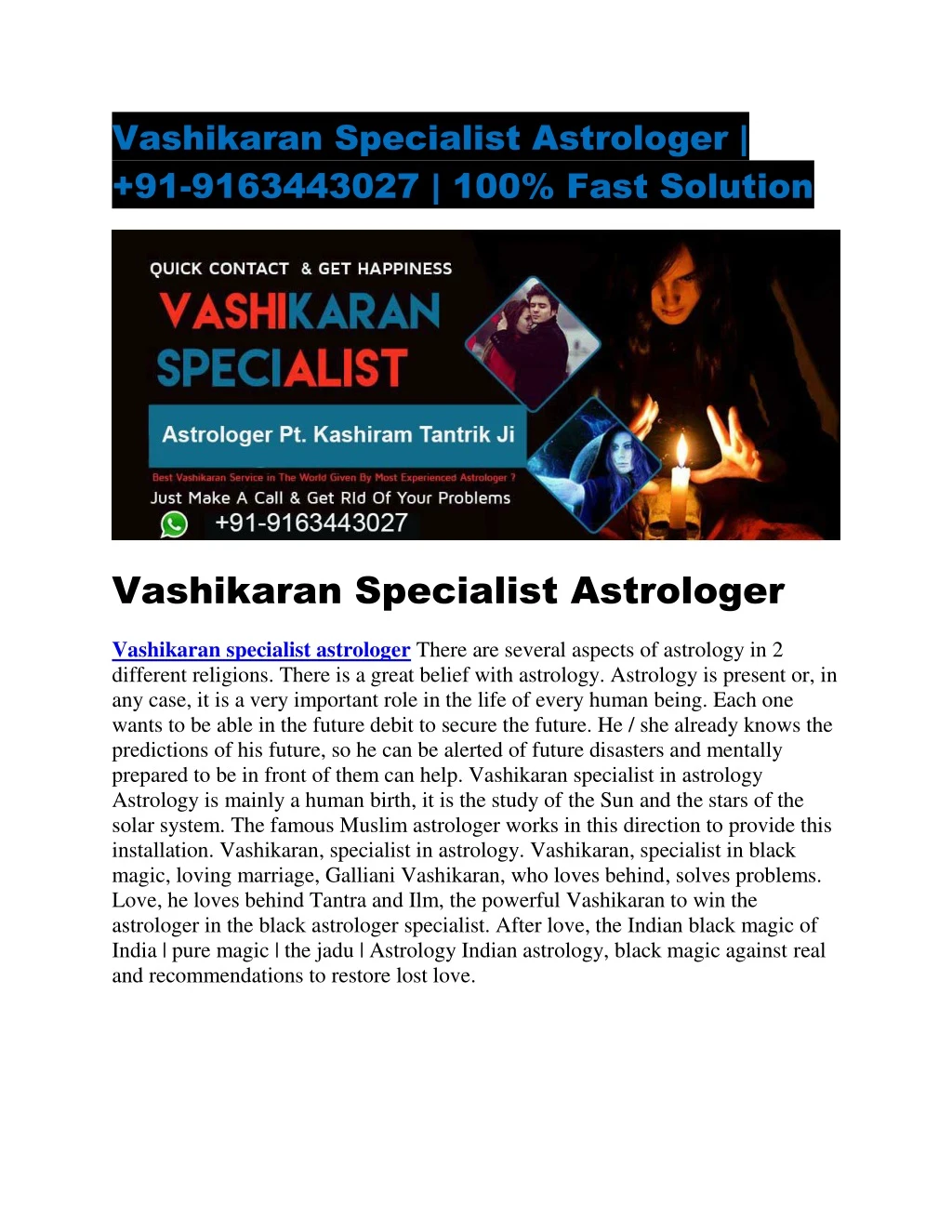 vashikaran specialist astrologer 91 9163443027