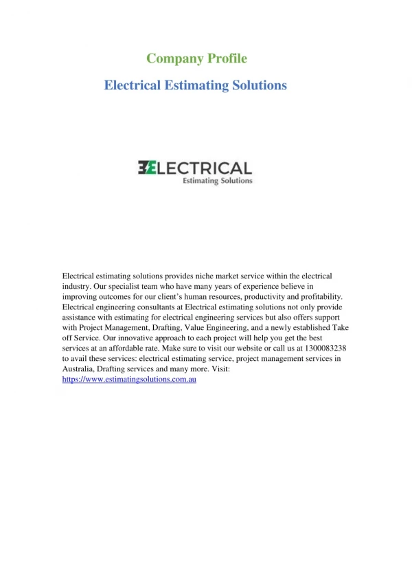 Company Profile Electrical Estimating Solutions