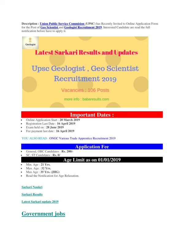 Upsc Geologist , Geo Scientist Recruitment 2019