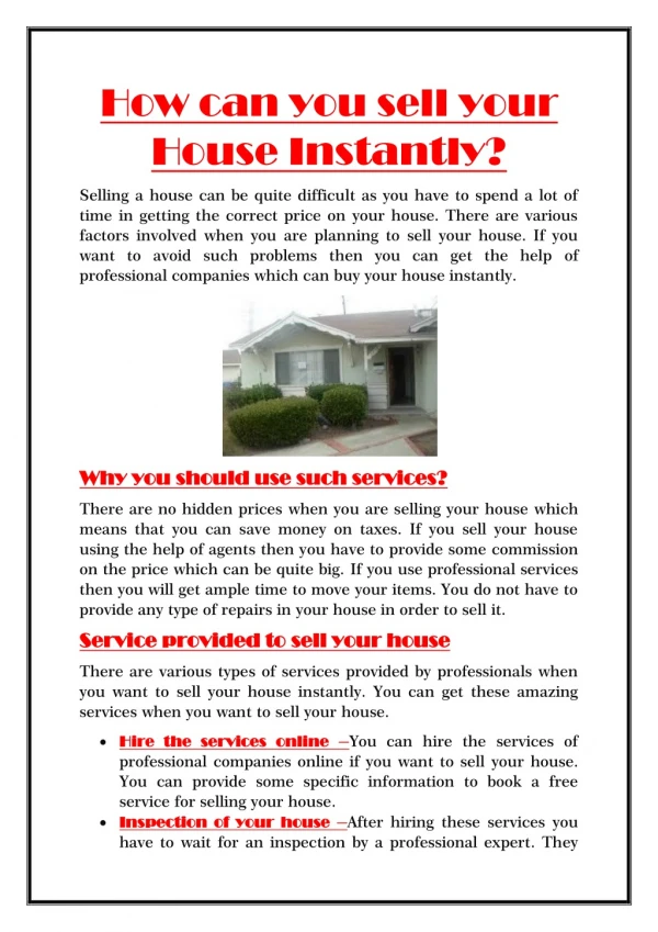 How can you sell your House Instantly?