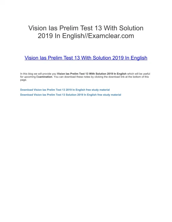 Vision Ias Prelim Test 13 With Solution 2019 In English//Examclear.com