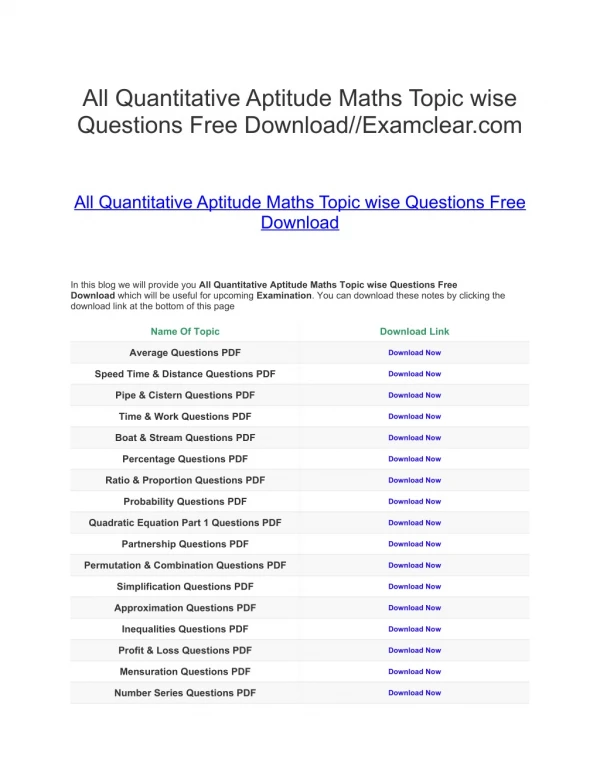 All Quantitative Aptitude Maths Topic wise Questions Free Download//Examclear.com