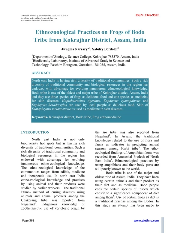 Ethnozoological Practices on Frogs of Bodo Tribe from Kokrajhar District, Assam, India