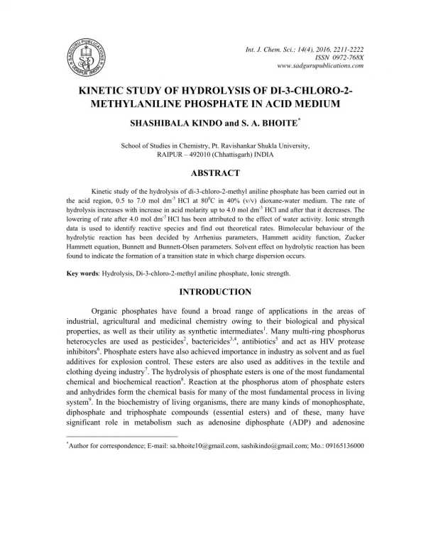 Kinetic Study of Hydrolysis of Di-3-Chloro-2- Methylaniline Phosphate in Acid Medium