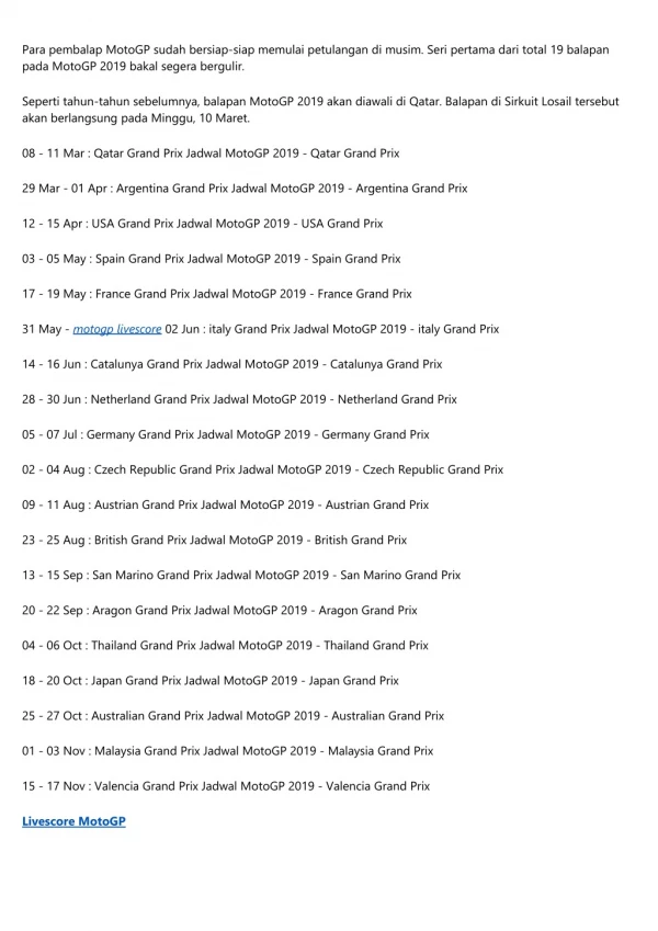 Jadwal Pertandingan MotoGP 2019