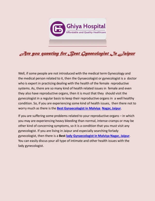 Are you questing for Best Gynecologist In Jaipur