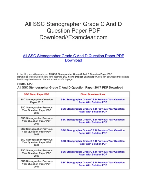 All SSC Stenographer Grade C And D Question Paper PDF Download//Examclear.com