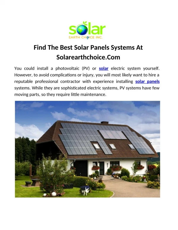 Find The Best Solar Panels Systems At Solarearthchoice.Com