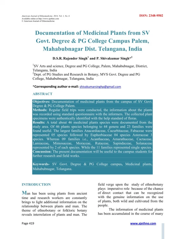 Documentation of Medicinal Plants from SV Govt. Degree & PG College Campus Palem, Mahabubnagar Dist. Telangana, India