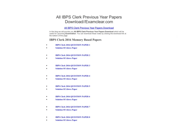 All IBPS Clerk Previous Year Papers Download//Examclear.com