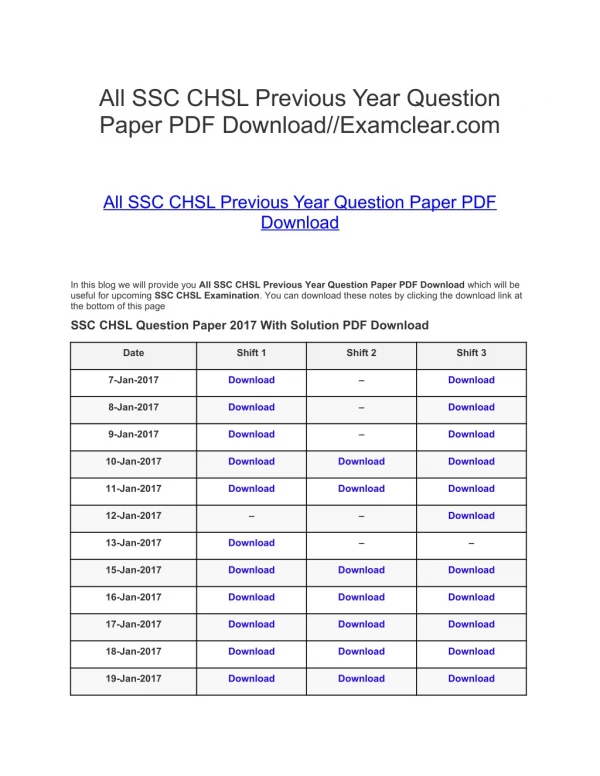 All SSC CHSL Previous Year Question Paper PDF Download//Examclear.com