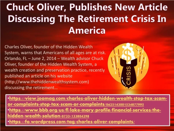 Chuck Oliver, Publishes New Article Discussing The Retirement Crisis In America