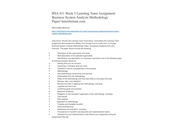 BSA 411 Week 5 Learning Team Assignment Business System Analysis Methodology Paper//tutorfortune.com