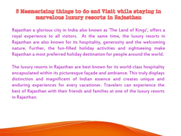 5 Mesmerizing things to do and Visit while staying in marvelous luxury resorts in Rajasthan