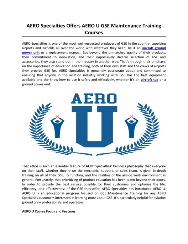 AERO Specialties Offers AERO U GSE Maintenance Training Courses