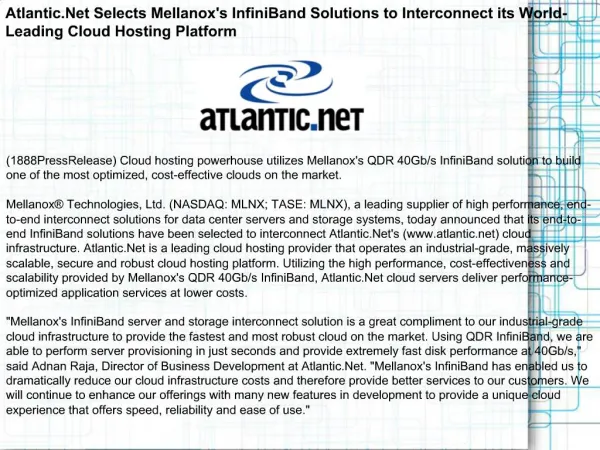 Atlantic.Net Selects Mellanox's InfiniBand Solutions
