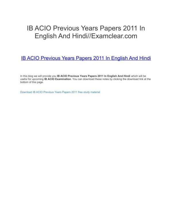 IB ACIO Previous Years Papers 2011 In English And Hindi//Examclear.com